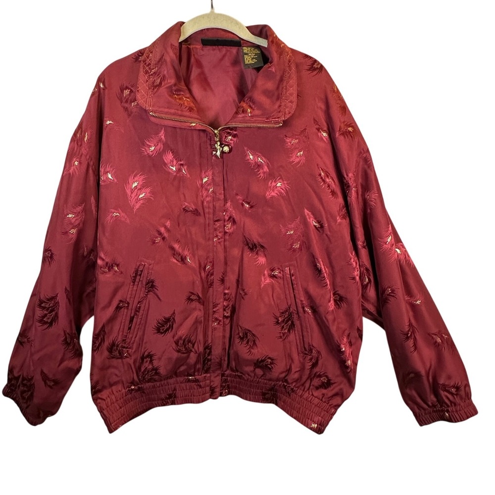 Mureli Vintage 100% Silk Maroon Feather Print Bomber Jacket Medium